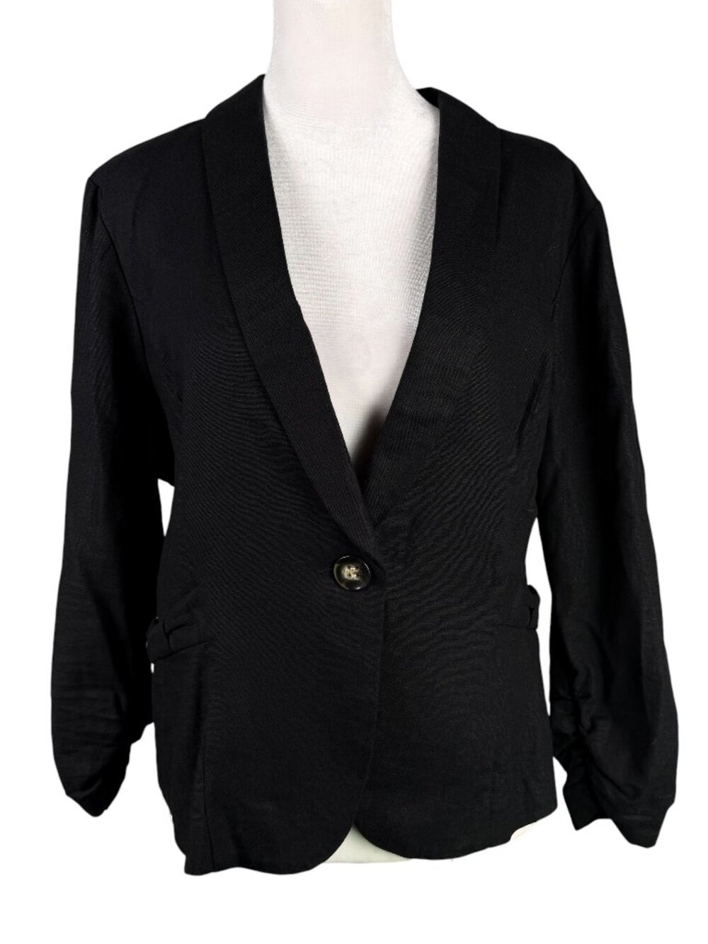 Wet Seal XL Linen Blend Short Blazer Jacket Black Bow Accents Ruched Cuffs Y2K